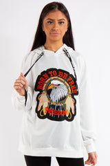Edith White Eagle Badge Slogan Oversized Hoodie 