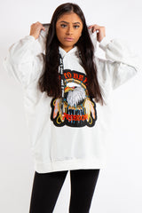 Edith White Eagle Badge Slogan Oversized Hoodie 