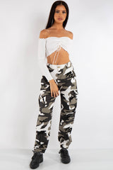 Brynlee White Ribbed Ruched Front Bardot Crop