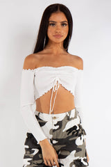 Brynlee White Ribbed Ruched Front Bardot Crop