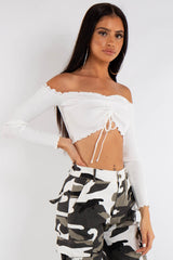 Brynlee White Ribbed Ruched Front Bardot Crop