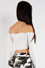Brynlee White Ribbed Ruched Front Bardot Crop