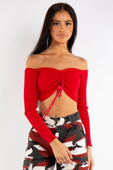 The Red Ribbed Ruched Front Bardot Crop Top