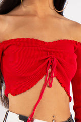 The Red Ribbed Ruched Front Bardot Crop Top