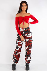 The Red Ribbed Ruched Front Bardot Crop Top