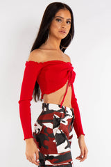 The Red Ribbed Ruched Front Bardot Crop Top