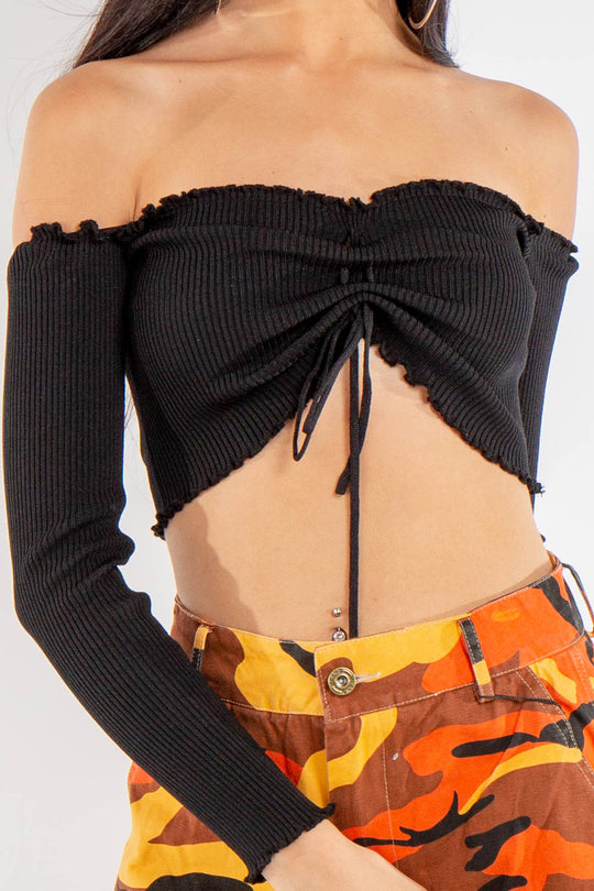 Brynlee Black Ribbed Ruched Front Bardot Crop Top