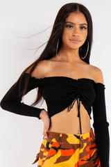Black Ribbed Ruched Front Bardot Crop Top