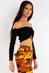 Black Ribbed Ruched Front Bardot Crop Top