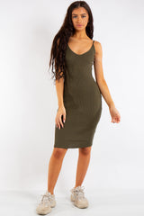 Leyla Khaki Ribbed Midi Dress