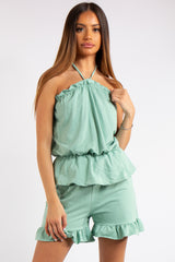 Breanna Sage Green Halter Neck Shorts Co-ord Set