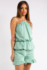 Breanna Sage Green Halter Neck Shorts Co-ord Set