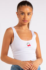 Danica White Cherry Ribbed Vest Top