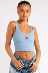 Danica Baby Blue Cherry Ribbed Vest Top