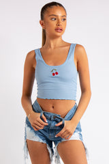 Danica Baby Blue Cherry Ribbed Vest Top