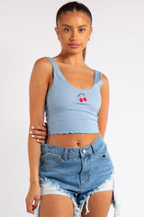 Danica Baby Blue Cherry Ribbed Vest Top