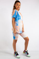 Zainab Orange/Blue Tie Dye Oversized T-Shirt & Cycling Shorts Co-ord Set