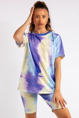 Zainab Purple/Yellow Tie Dye Oversized T-Shirt & Cycling Shorts Co-ord Set