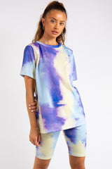 Zainab Purple/Yellow Tie Dye Oversized T-Shirt & Cycling Shorts Co-ord Set