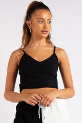 Vienna Black Ribbed V Plunge Basic Vest Top