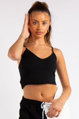 Vienna Black Ribbed V Plunge Basic Vest Top