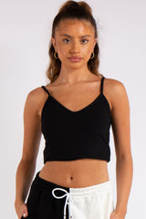 Vienna Black Ribbed V Plunge Basic Vest Top