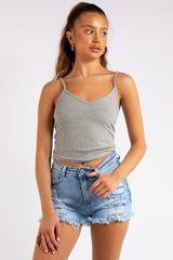 Vienna Grey Ribbed V Plunge Vest Top
