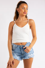 Vienna White Ribbed V Plunge Basic Vest Top