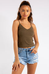 Vienna Khaki Ribbed V Plunge Vest Top