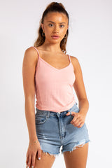 Vienna Pink Ribbed V Plunge Vest Top