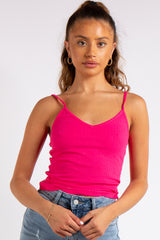 Vienna Fuchsia Ribbed V Plunge Vest Top