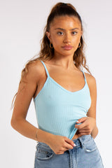 Vienna Blue Ribbed V Plunge Vest Top