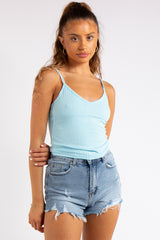 Vienna Blue Ribbed V Plunge Vest Top