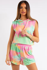 Dana Bright Tie Dye Cropped Sleeveless Hoodie Short Co-ord Set