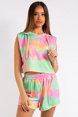 Dana Bright Tie Dye Cropped Sleeveless Hoodie Short Co-ord Set