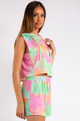 Dana Bright Tie Dye Cropped Sleeveless Hoodie Short Co-ord Set