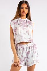 Kiana Pink Marble Tie Dye Cropped Sleeveless Hoodie Short Co-ord Set