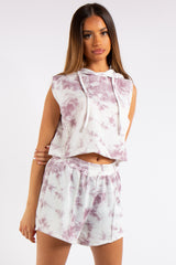 Kiana Pink Marble Tie Dye Cropped Sleeveless Hoodie Short Co-ord Set
