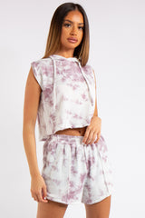 Kiana Pink Marble Tie Dye Cropped Sleeveless Hoodie Short Co-ord Set
