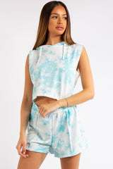 Kiana Blue Marble Tie Dye Cropped Sleeveless Hoodie Short Co-ord Set