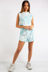 Kiana Blue Marble Tie Dye Cropped Sleeveless Hoodie Short Co-ord Set