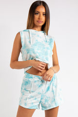 Kiana Blue Marble Tie Dye Cropped Sleeveless Hoodie Short Co-ord Set