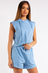 Melania Baby Blue Cropped Sleeveless Hoodie Co-ord Set