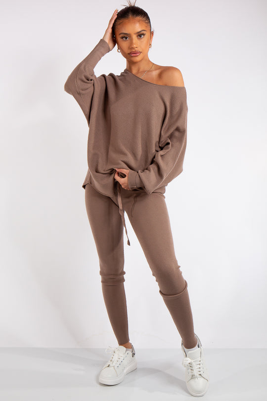 Ensley Mocha Ribbed Fine Knit Loungewear Co-Ord set