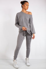 Ensley Grey Ribbed Fine Knit Loungewear Co-Ord set