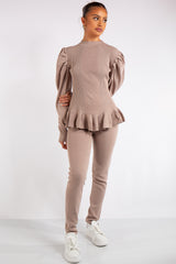 Karlie Taupe Ribbed Knit Loungewear Set