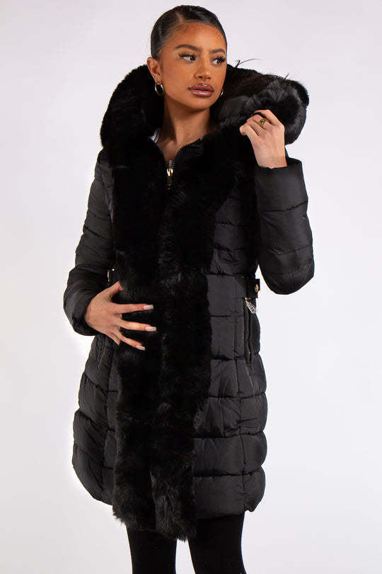 Olivia Black Padded Long Line Fur Puffer Coat