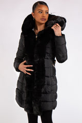 Olivia Black Padded Long Line Fur Puffer Coat