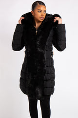 Olivia Black Padded Long Line Fur Puffer Coat