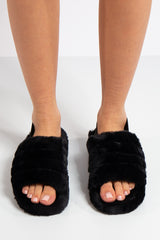 Juliet Black Fluffy Slippers